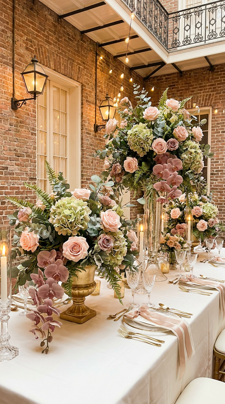 Luxury floral tablescape in New Orleans courtyard