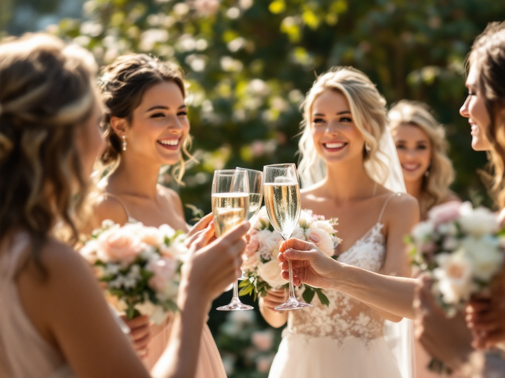 Bridesmaids champagne toast with blush florals