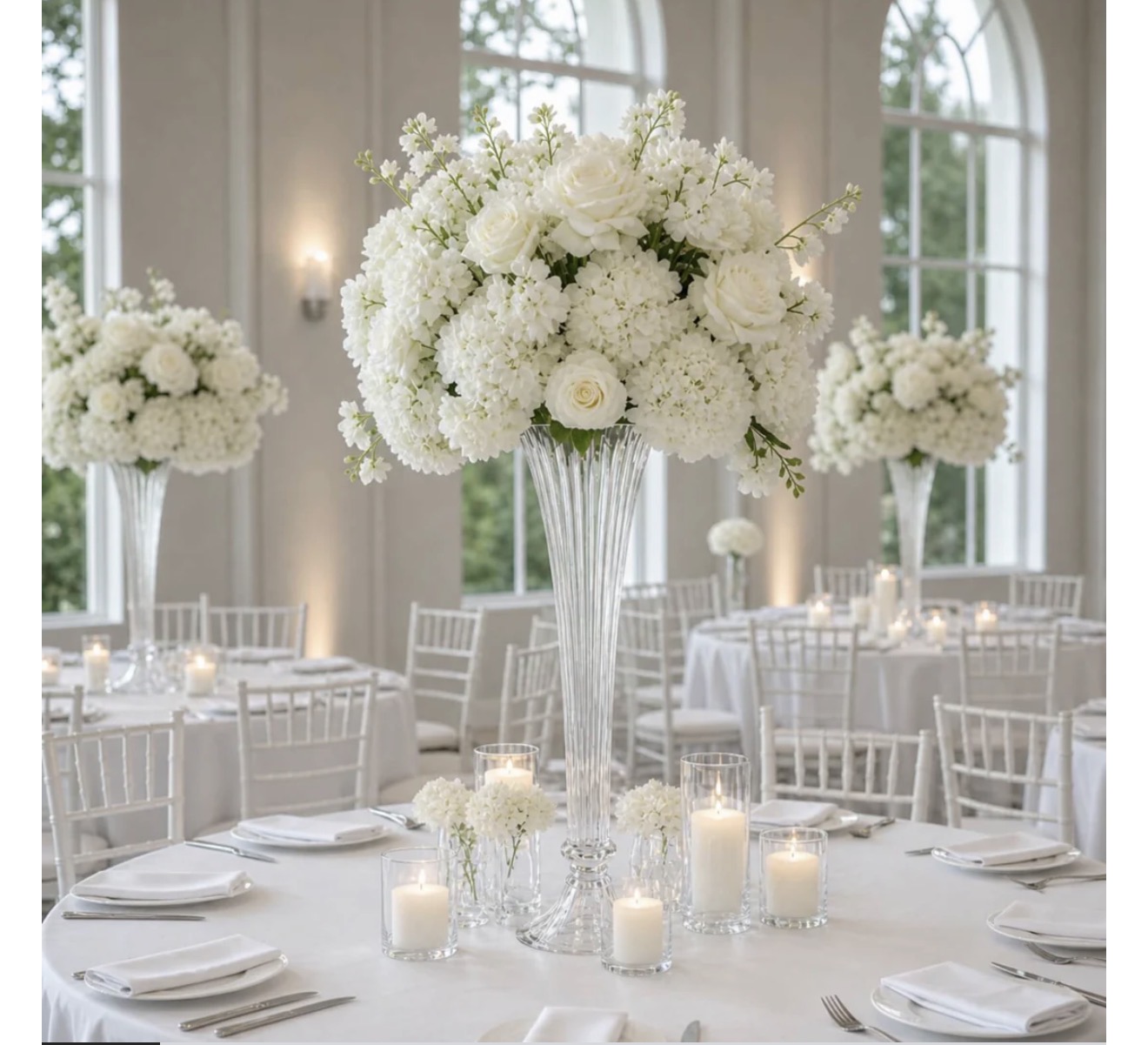 White floral centerpiece in tall glass vase