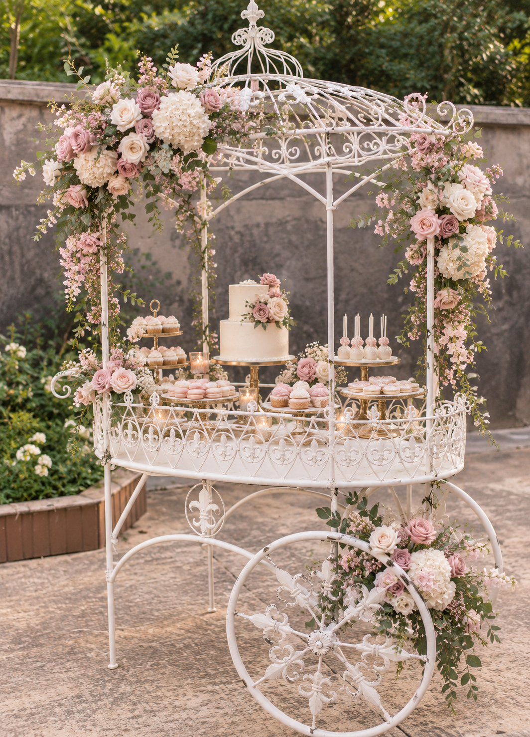 Ornate white dessert cart adorned with blush and ivory florals