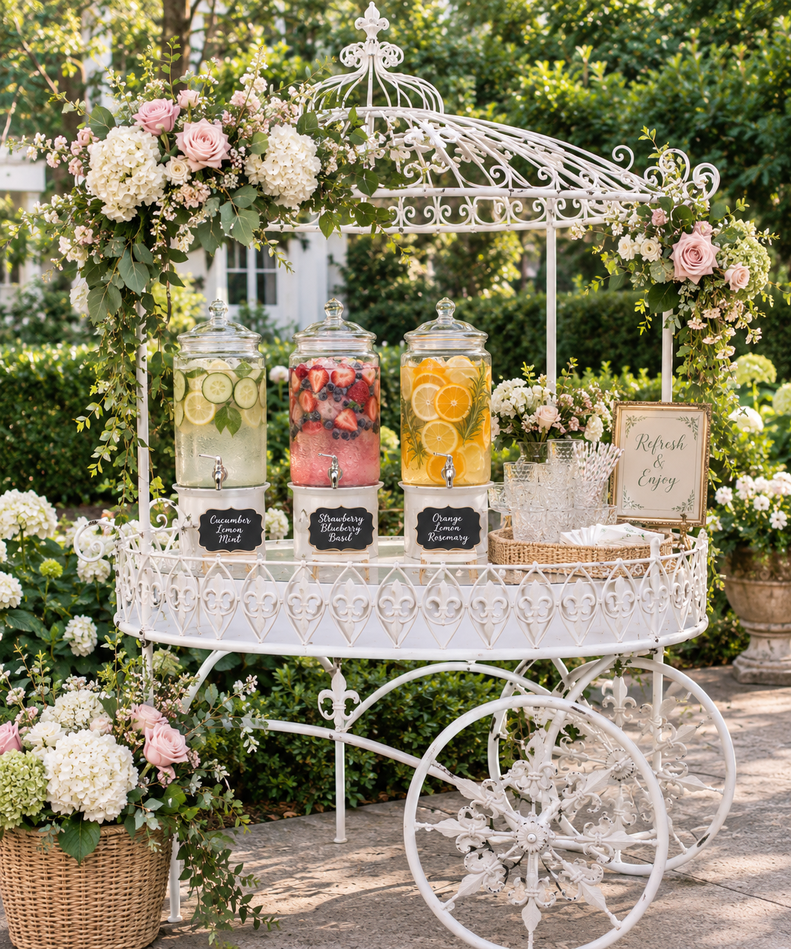 Elegant white beverage cart with infused waters and fresh florals