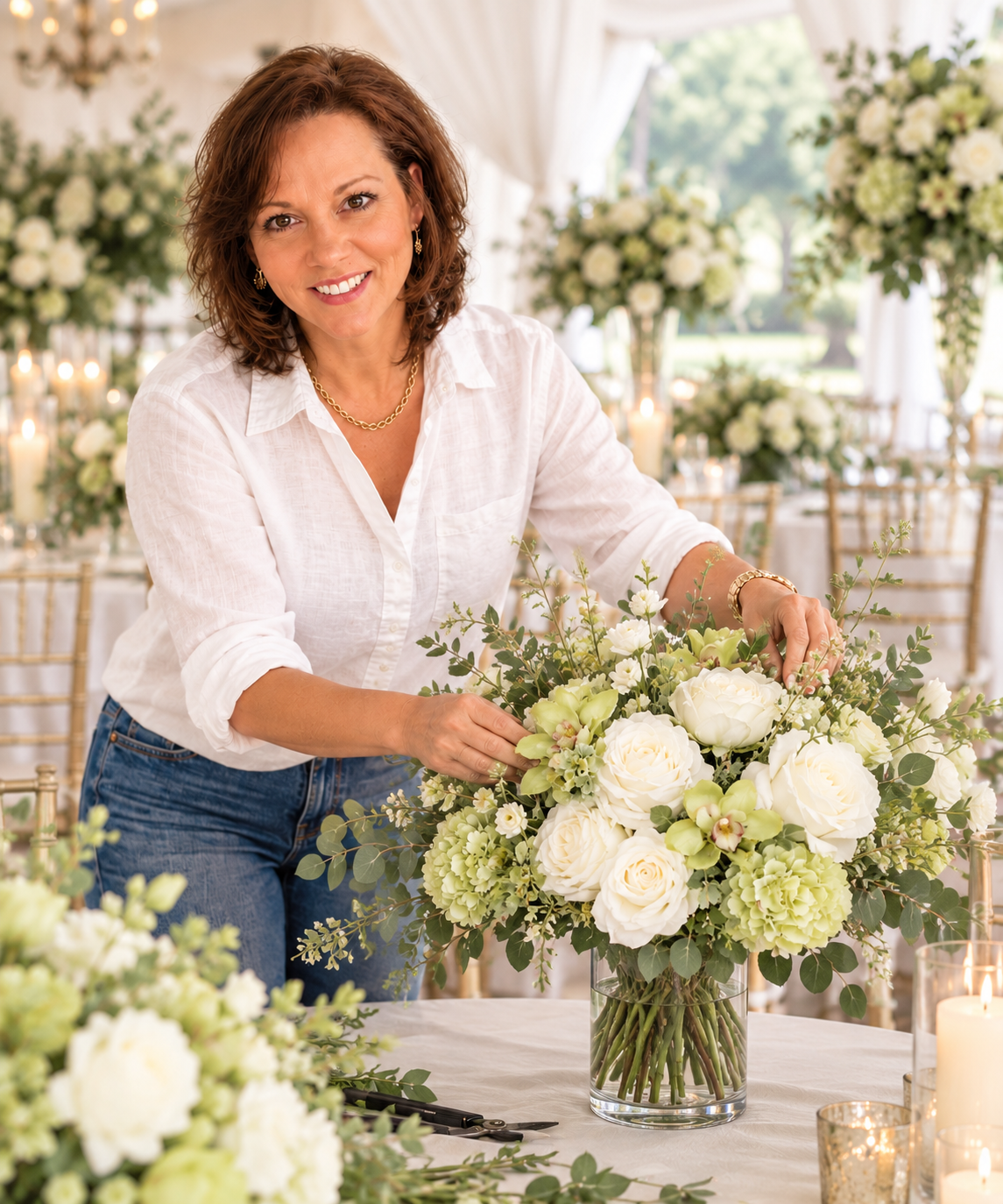 The Prop Shop owner arranging luxury silk florals for a wedding event
